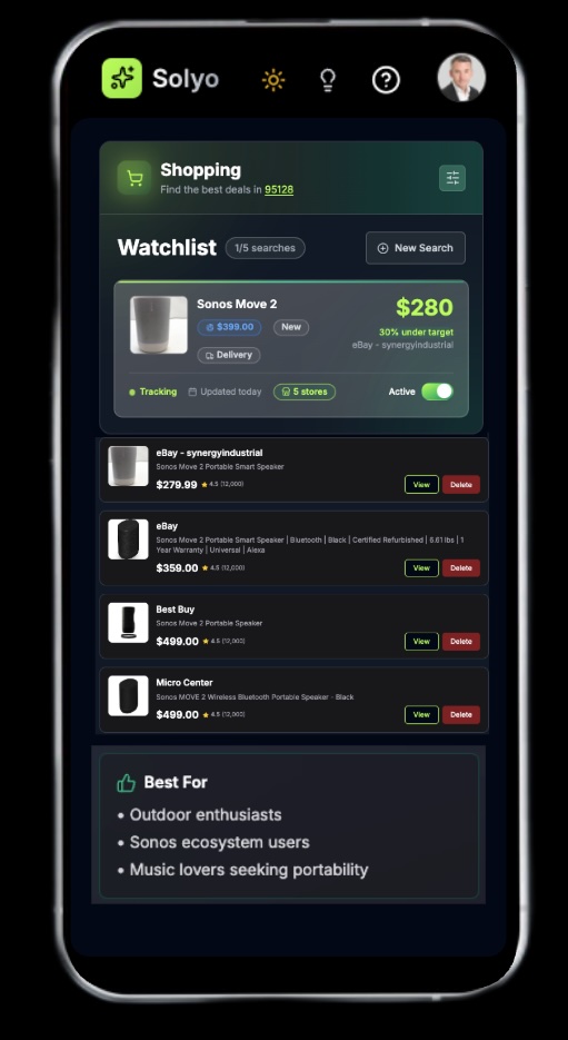 Smart shopping price tracker with target price alerts and order tracking dashboard